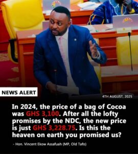 Vincent Ekow Assafuah speaking on Pure FM, criticizing government over inadequate cocoa price increment and media silence.