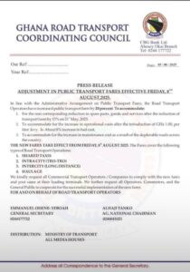 Public transport vehicles in Ghana lined up at a terminal as GRTCC announces a 20% fare increase effective August 8, 2025.