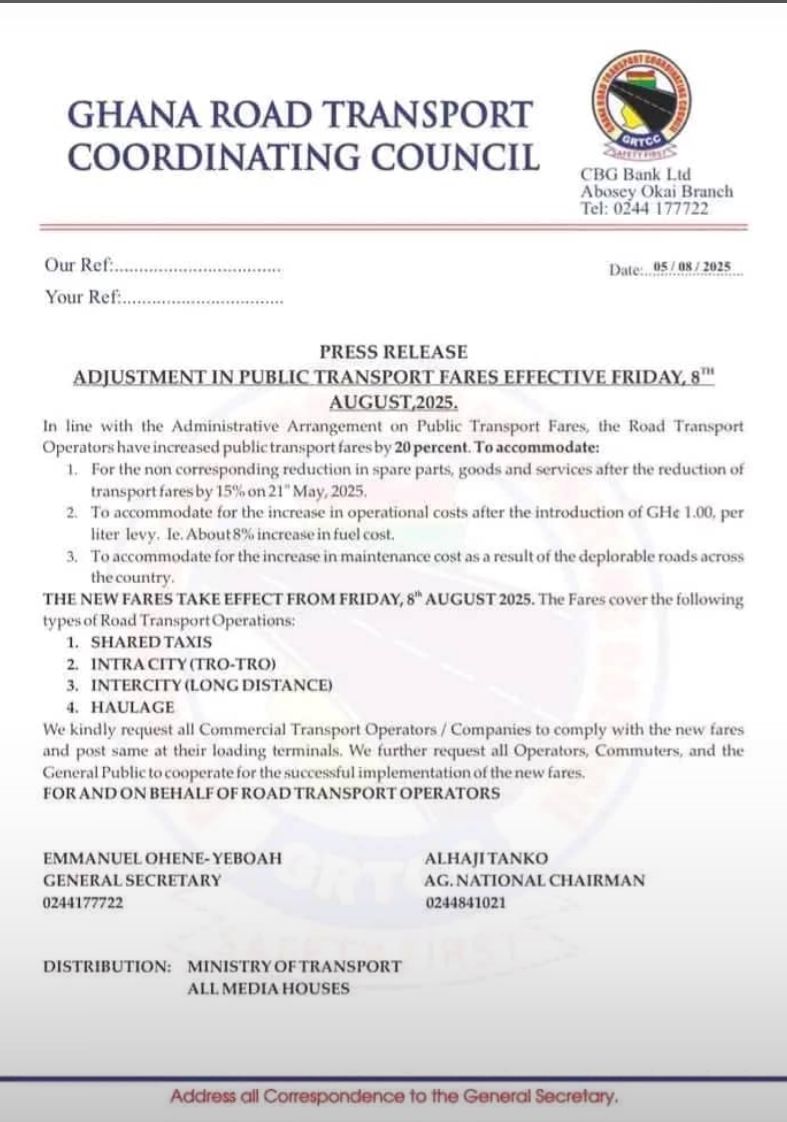 Public transport vehicles in Ghana lined up at a terminal as GRTCC announces a 20% fare increase effective August 8, 2025.